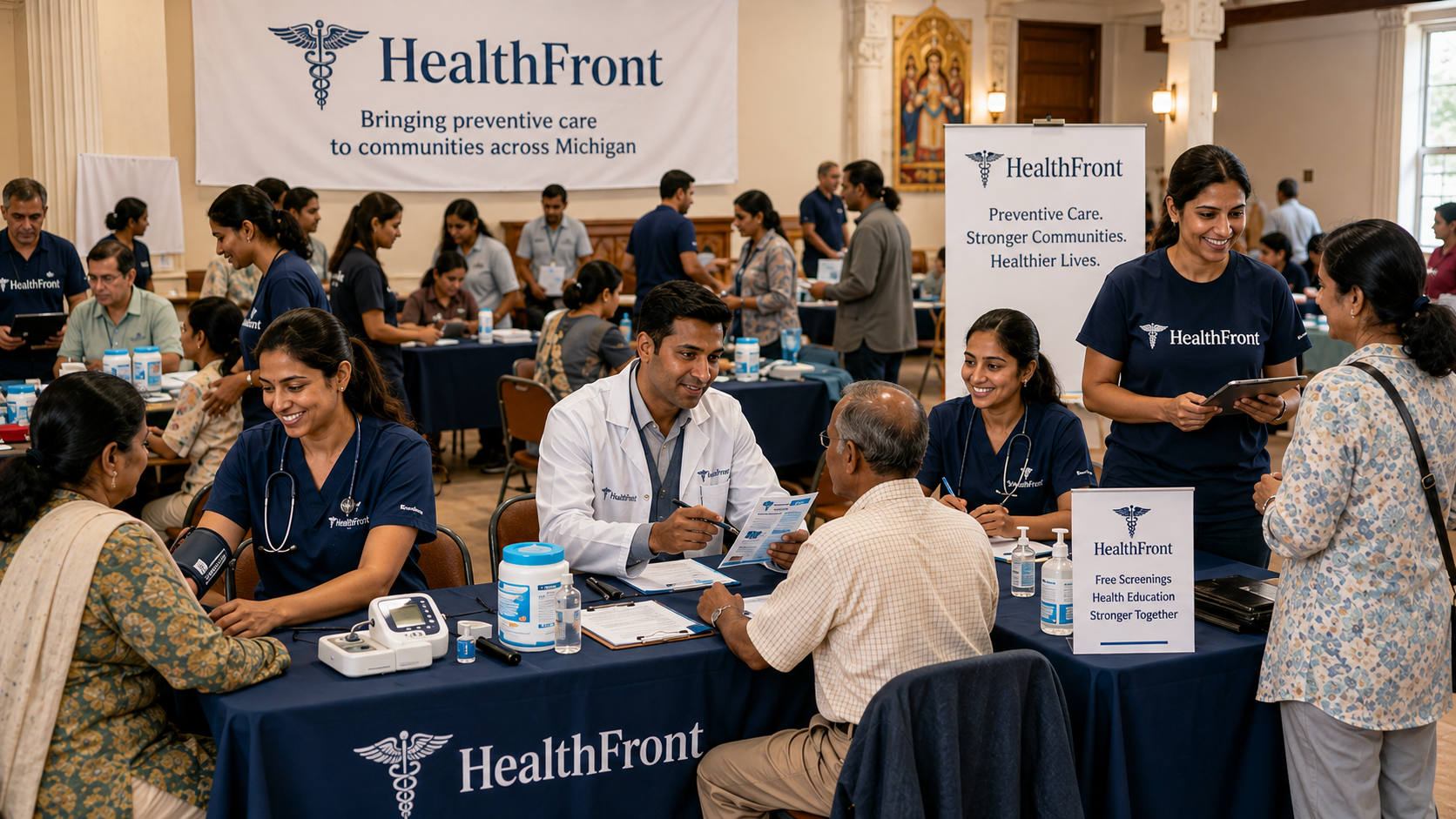 HealthFront volunteers providing preventive health screenings at a community event